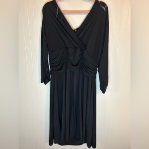 NY COLLECTION Ruched Waist Dress 3/4 Sleeve V Neck Knee Length Plus SZ 2X Black
